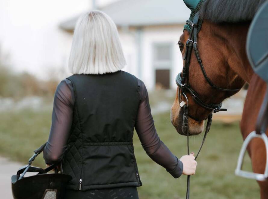 Frau führt ein Pferd an der Hand