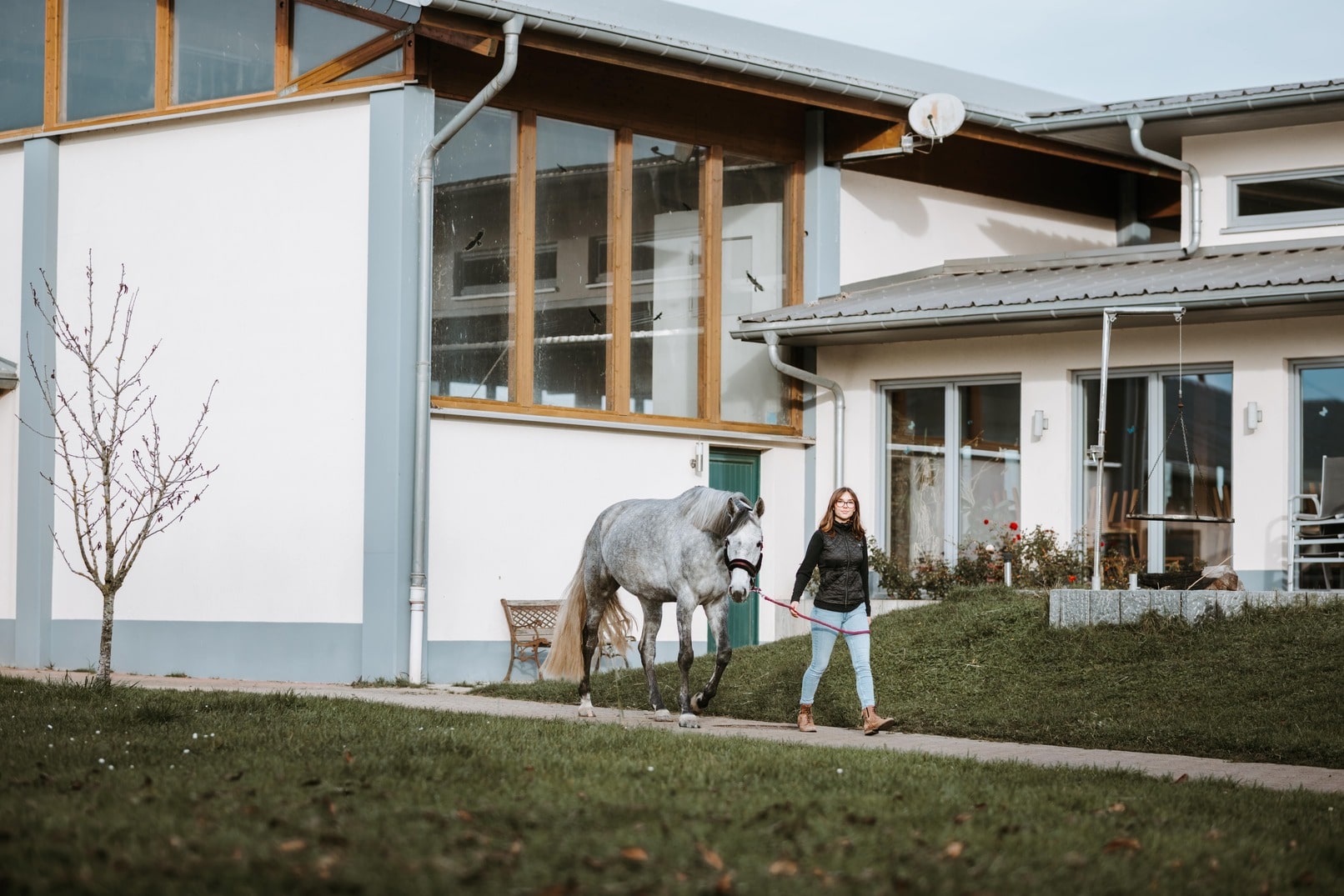 Person führt ein Pferd auf einer weitläufigen Anlage