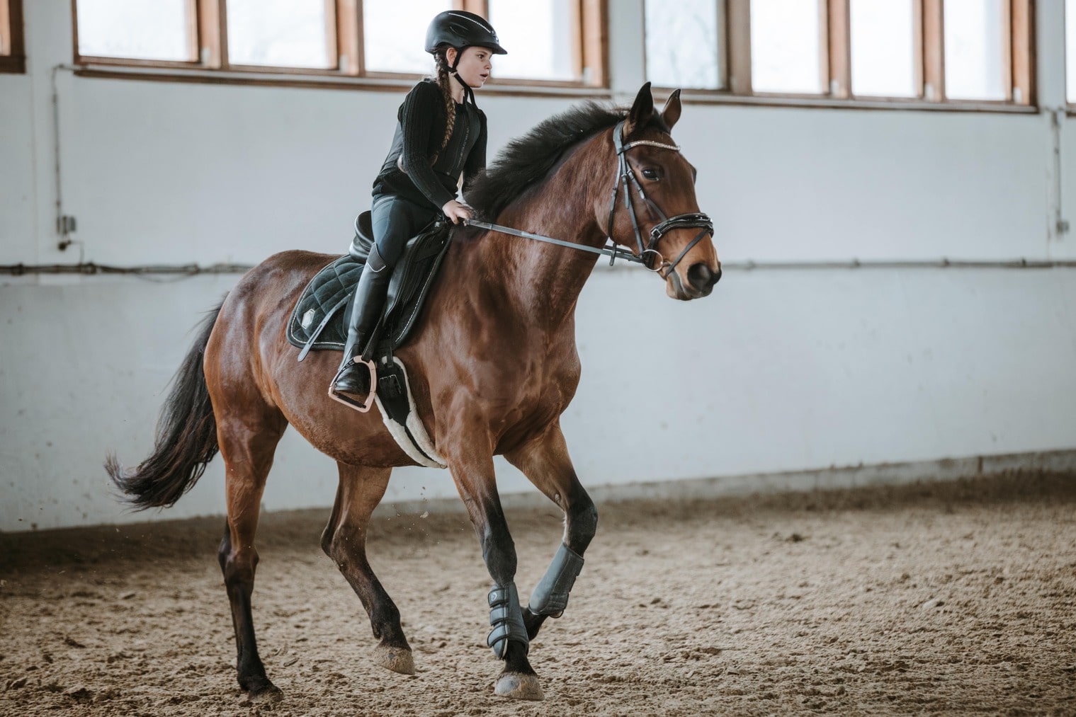 Nahaufnahme von einer Frau die auf einem Pferd reitet