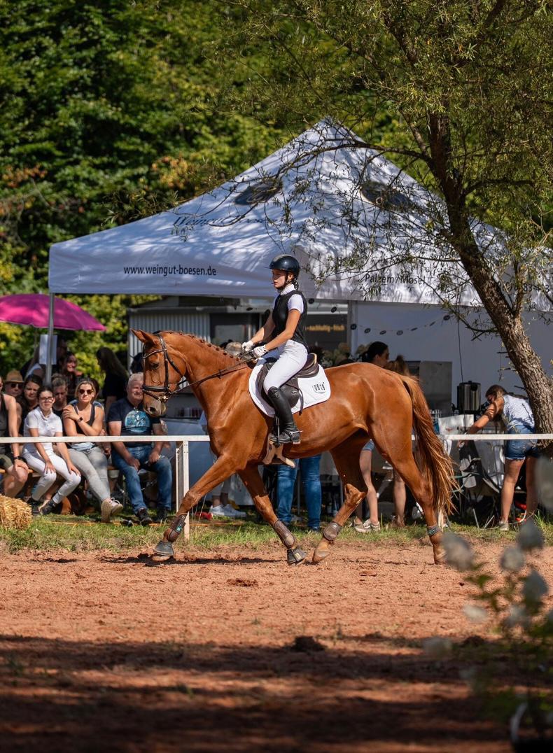 Mädchen aus dem Reitverein, das in einem Turnier auf einem Pferd reitet.