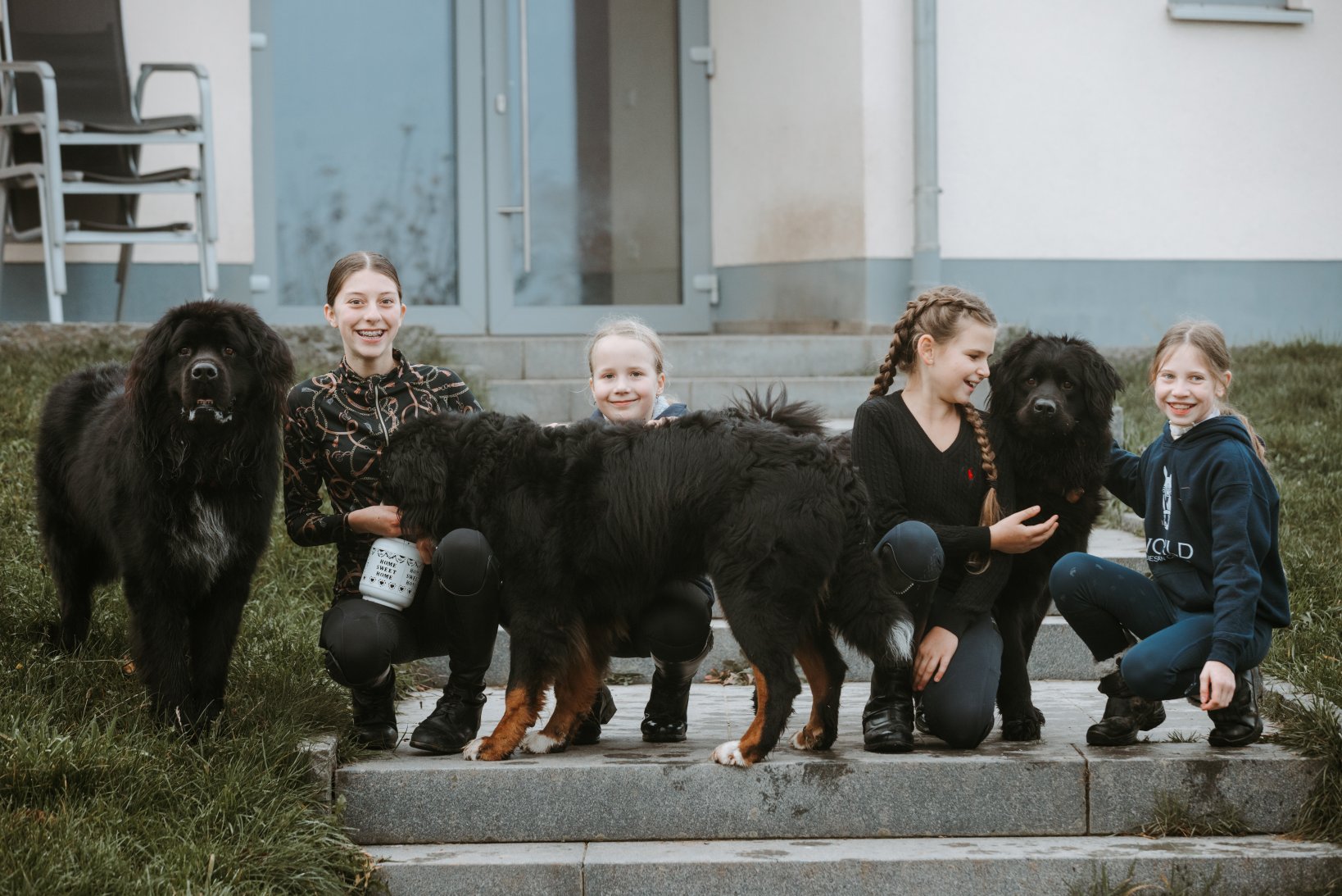 Fröhliche Kinder die mit den Hunden spielen.
